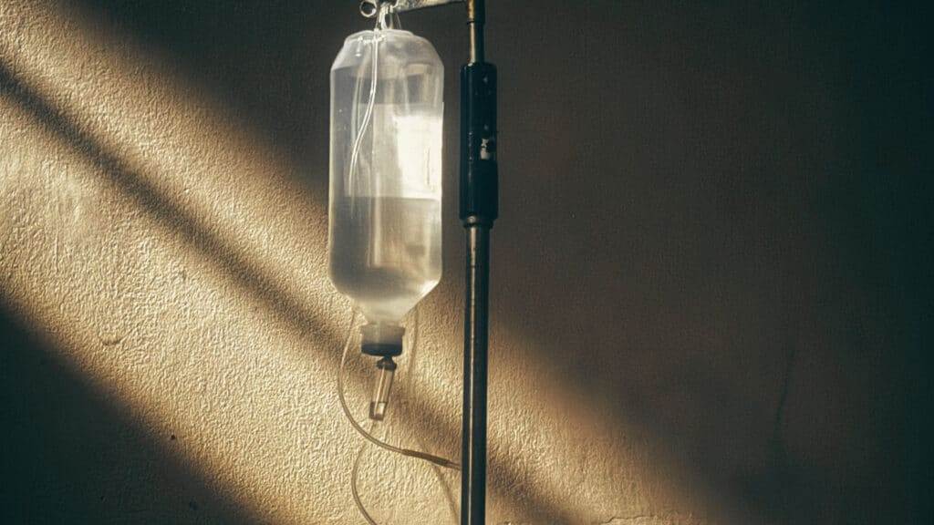  IV hdyration drip bag on a stand with warm sunlight — IV infusion treatments at Good Chemistry in Cumming, GA