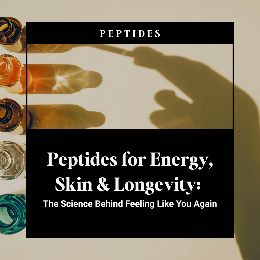 Peptide therapy concept with glass vials casting shadows on a beige surface, promoting Good Chemistry Med Spa’s blog ‘Peptides for Energy, Skin & Longevity: The Science Behind Feeling Like You Again’ for peptide therapy in Cumming, GA.