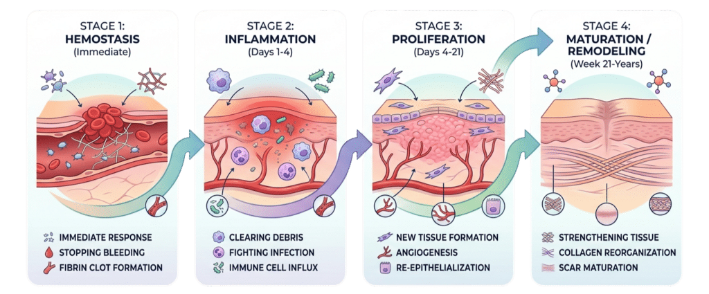 Stages of tissue repair supported by peptide therapy for healing