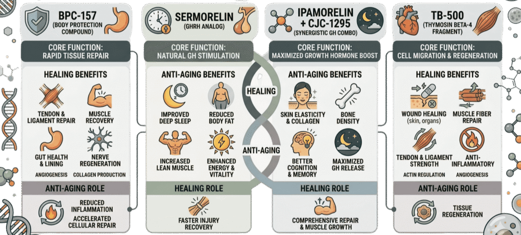 Infographic of the most-used peptides at Good Chemistry including BPC-157, Sermorelin, Ipamorelin with CJC-1295, and TB-500 for healing and anti-aging