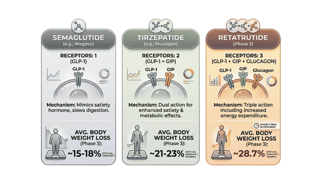 Comparison of semaglutide, tirzepatide, and retatrutide weight loss percentages from Phase 3 trials